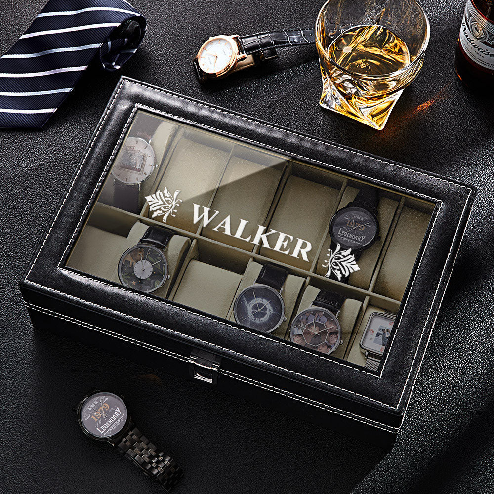 Personalised Watch Box - Holds 12 Watches, Watch Case, Watch Organizer, Watch Storage, Engraved, Monogram, Custom Designs - soufeeluk