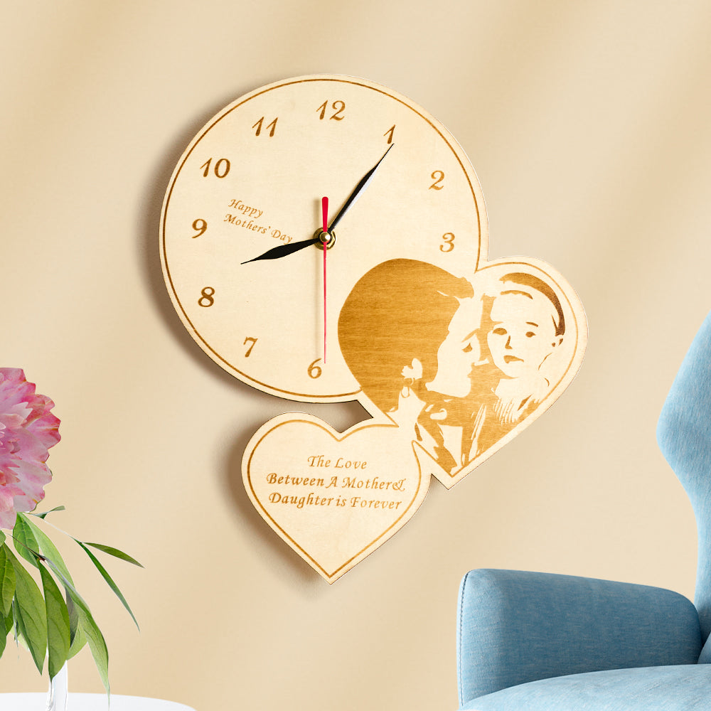 Custom Photo Double Heart Clock Wooden Engraved Wall Clock Bedroom Decoration Mother's Day Gifts - soufeeluk