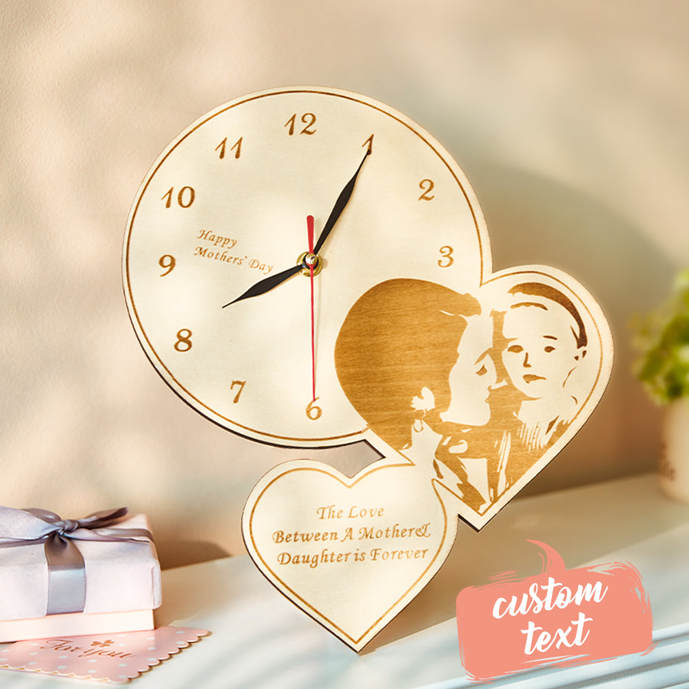 Custom Photo Double Heart Clock Wooden Engraved Wall Clock Bedroom Decoration Mother's Day Gifts - soufeeluk