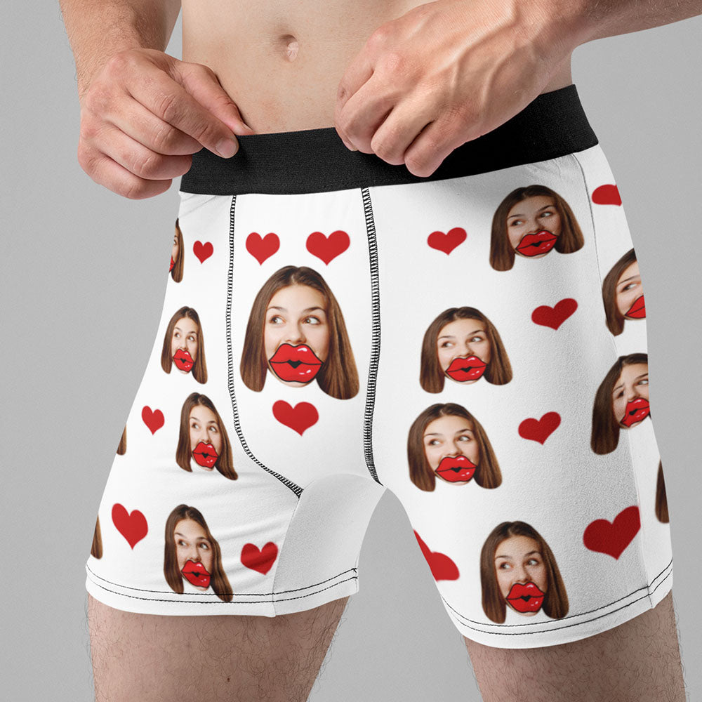Custom Face Red Lips and Heart Boxer Personalised Valentine's Day Gift For Him - soufeeluk
