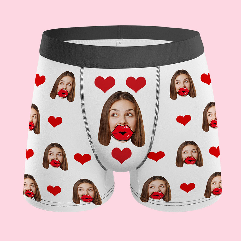 Custom Face Red Lips and Heart Boxer Personalised Valentine's Day Gift For Him - soufeeluk