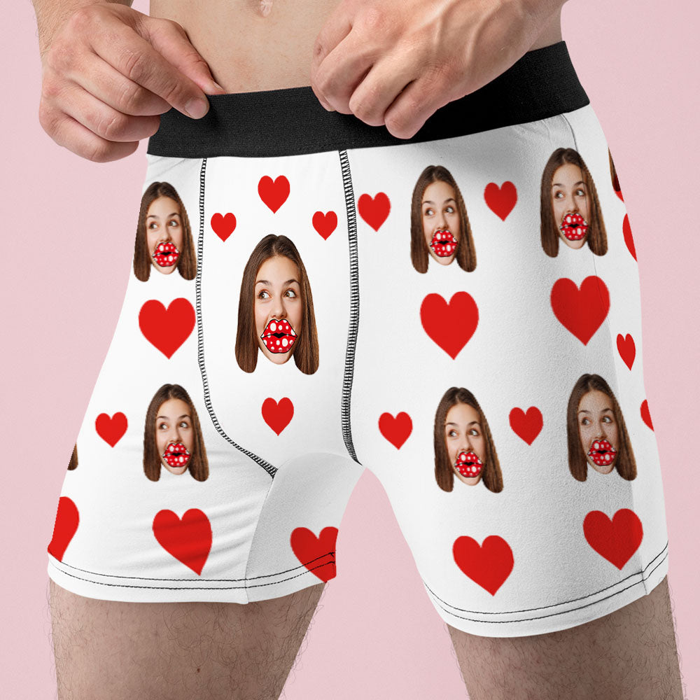 Custom Face Boxers Personalised Heart and Lips Underwear Gift For Boyfriend - soufeeluk