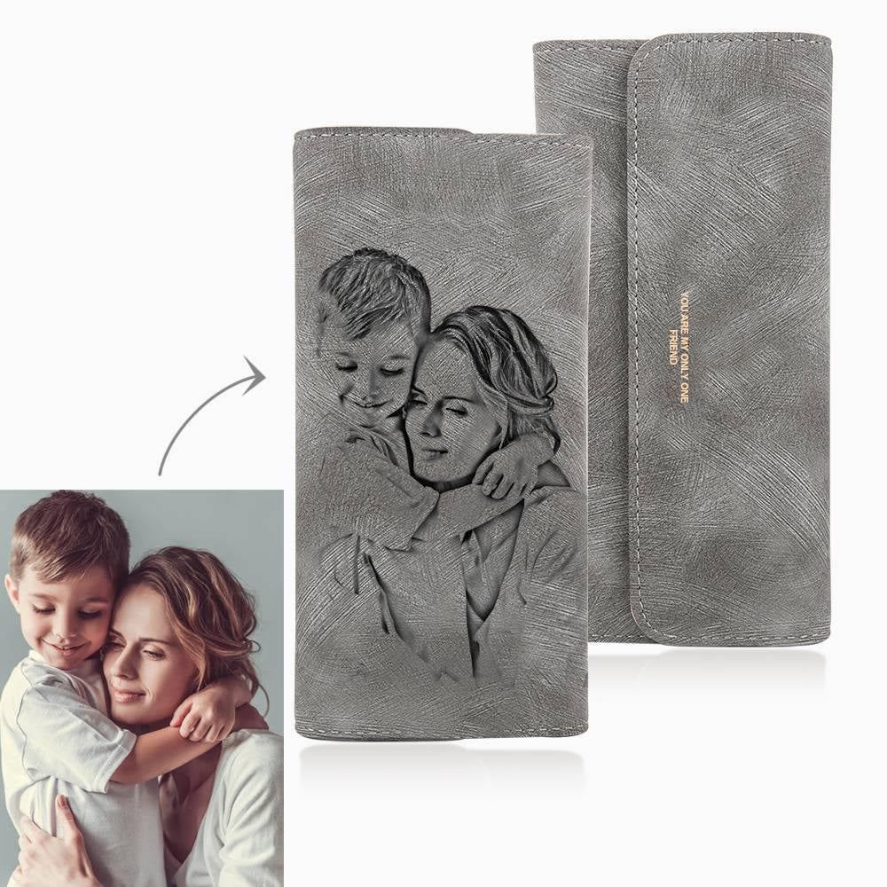 Photo Engraved Trifold Photo Wallet Grey Leather