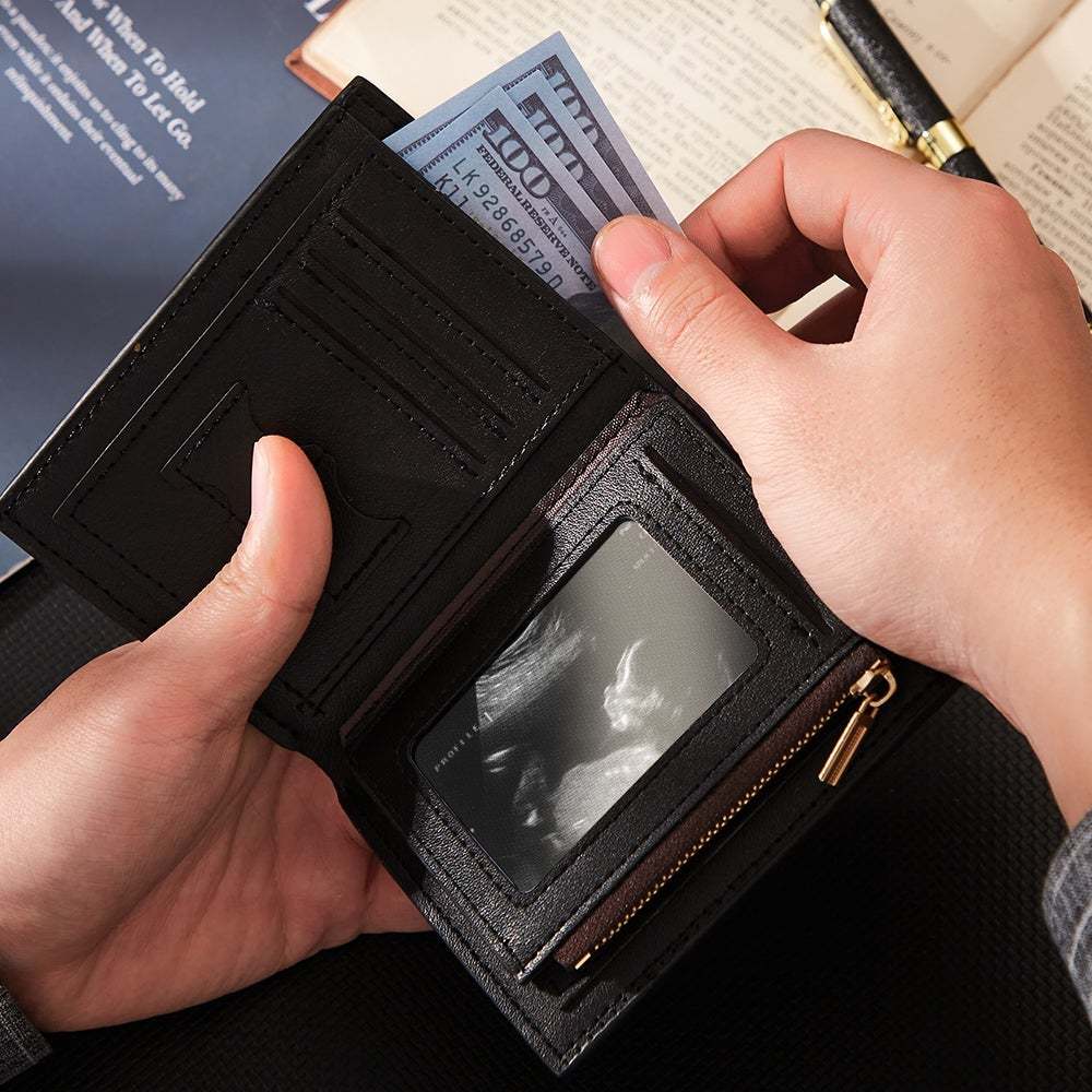 Valentine's Day Gifts - Custom Men's Trifold Vertical Photo Black Wallet Credit Debit Card Holder With Zipper Coin Pouch