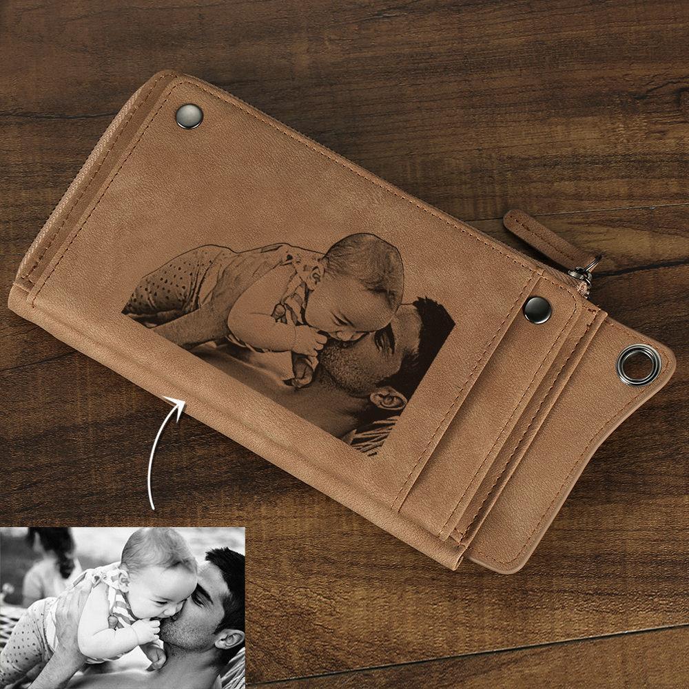 Custom Photo Engraved Wallet Long Style Leather - Blue