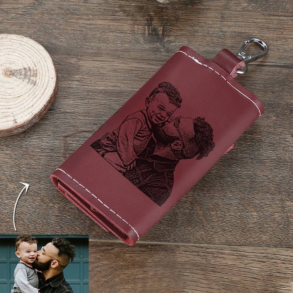 Photo Leather Key Case, Key Holder Wallet Dark Red