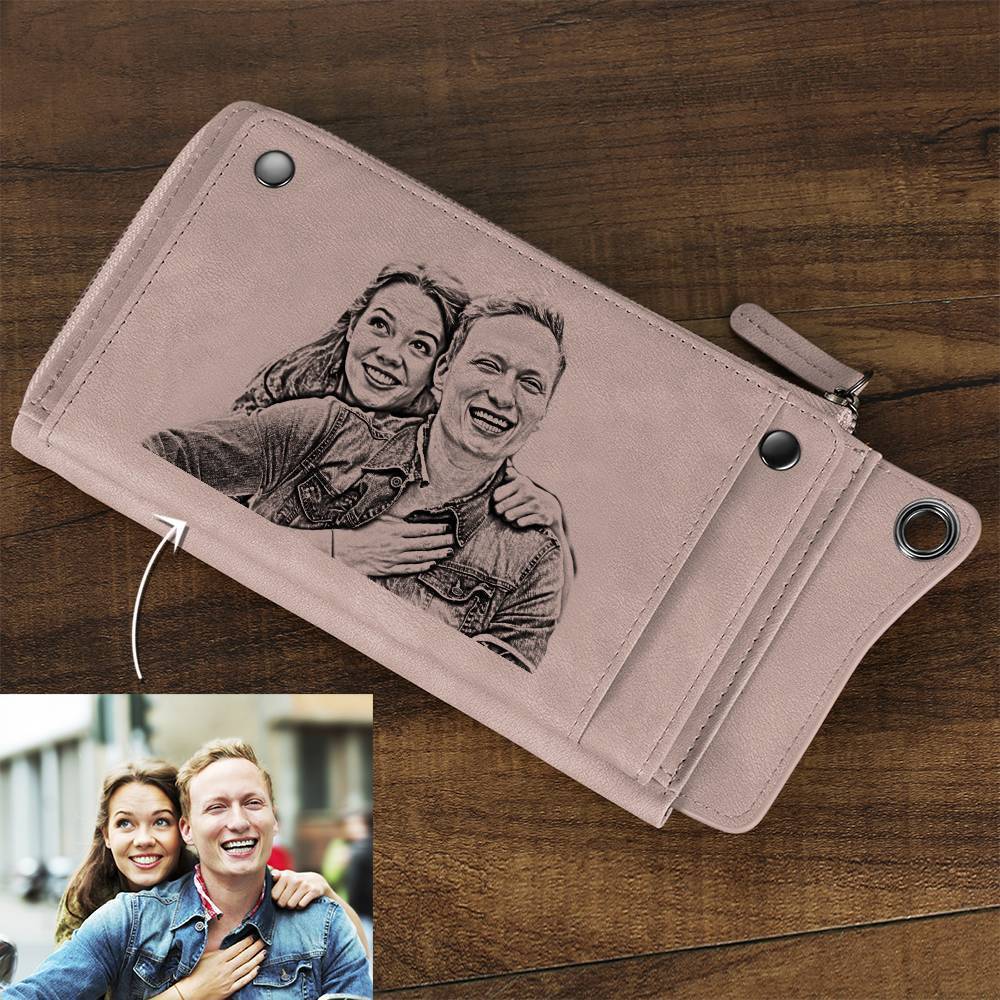 Custom Photo Engraved Wallet Long Style Leather - Blue