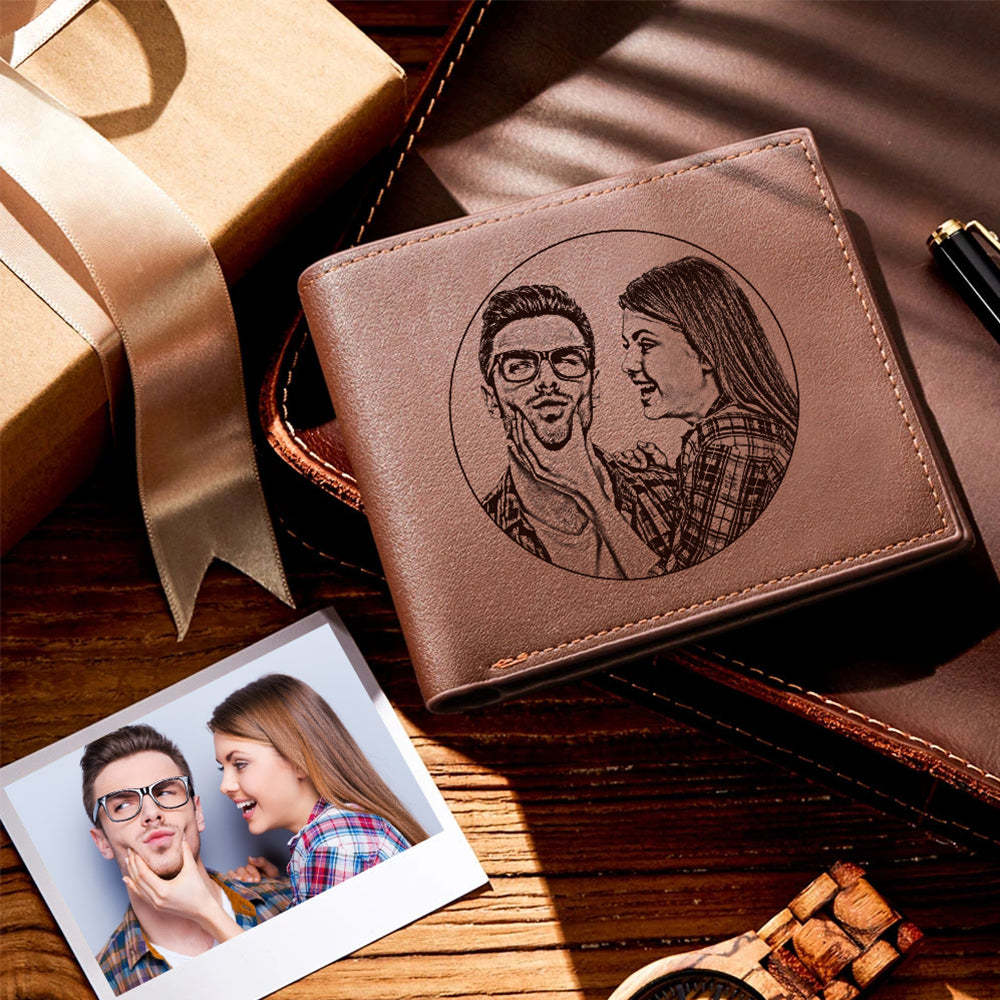 Custom Engraved Photo Wallet Leather Wallet with Zipper for Men - soufeeluk