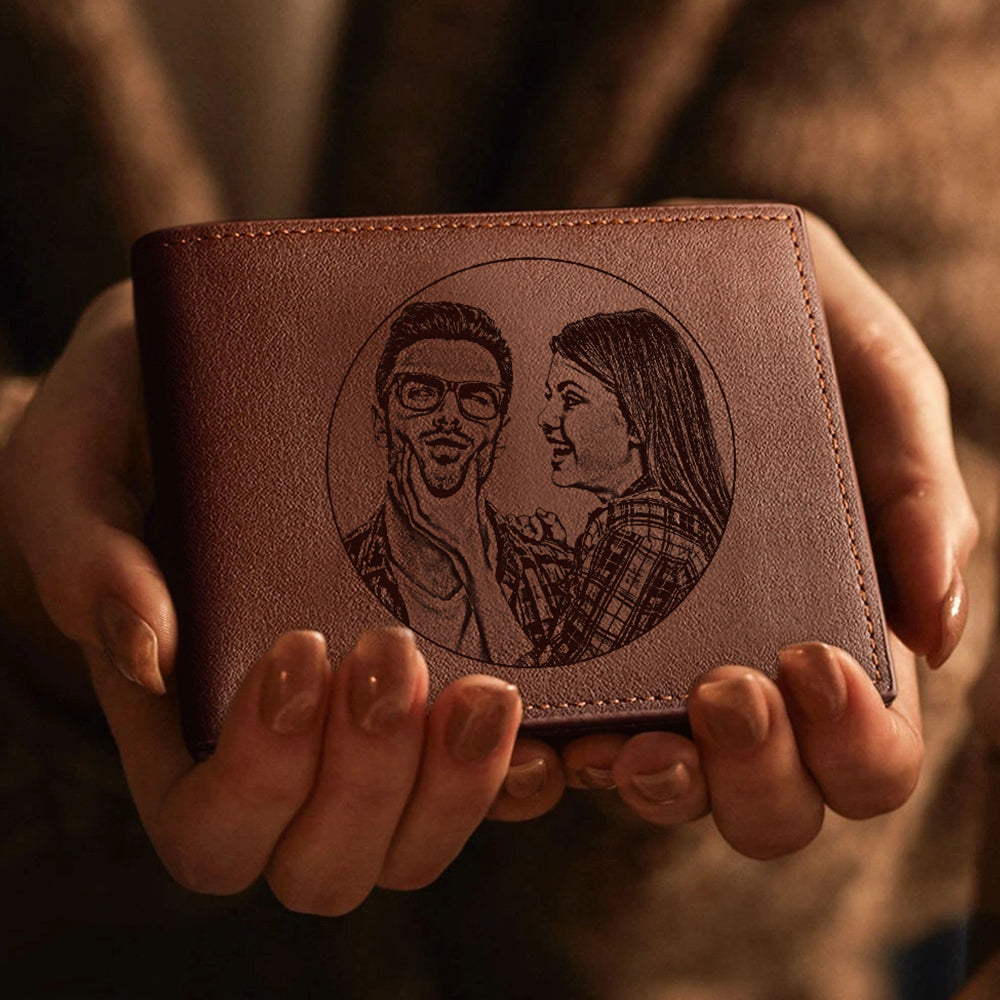 Custom Engraved Photo Wallet Leather Wallet with Zipper for Men - soufeeluk
