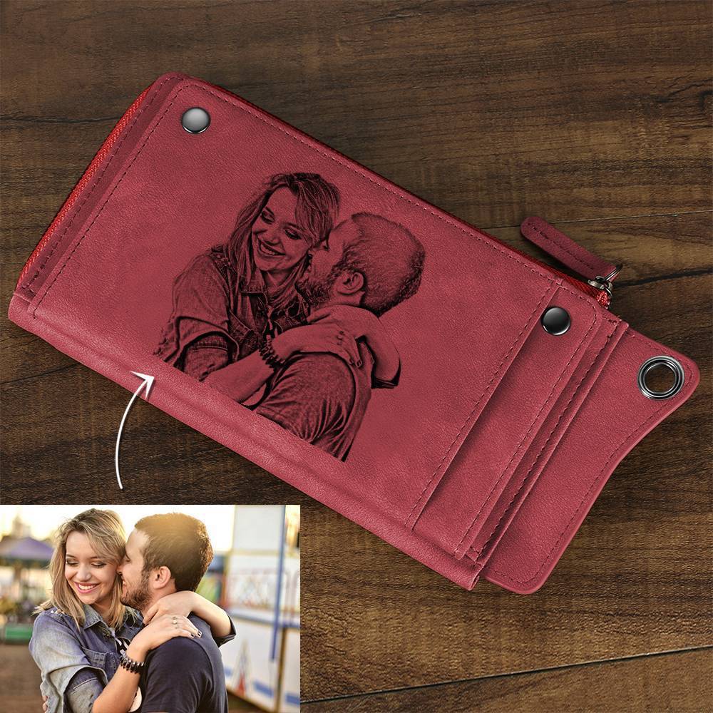 Photo Engraved Wallet Long Style Leather Red - Women's