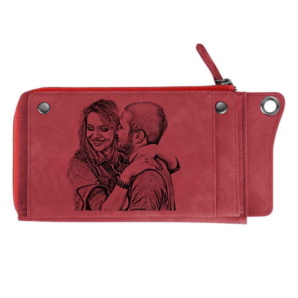 Photo Engraved Wallet Long Style Leather Red - Women's