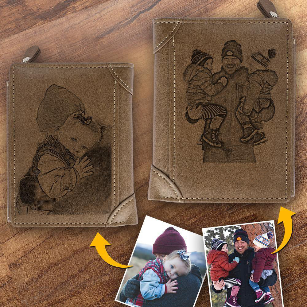 Custom Inscription Photo Engraved Wallet Leather Light Khaki - Two Pictures