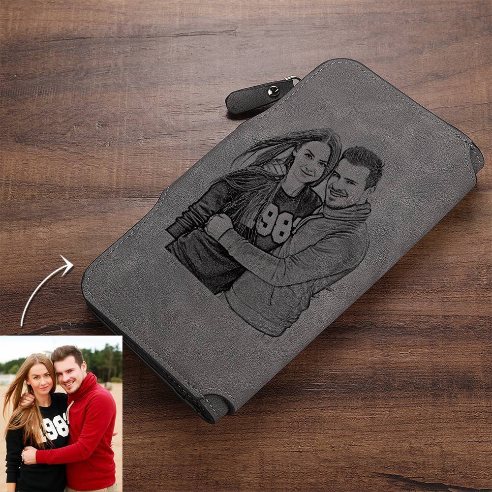Photo Engraved Wallet Long Leather Wallet - Men's
