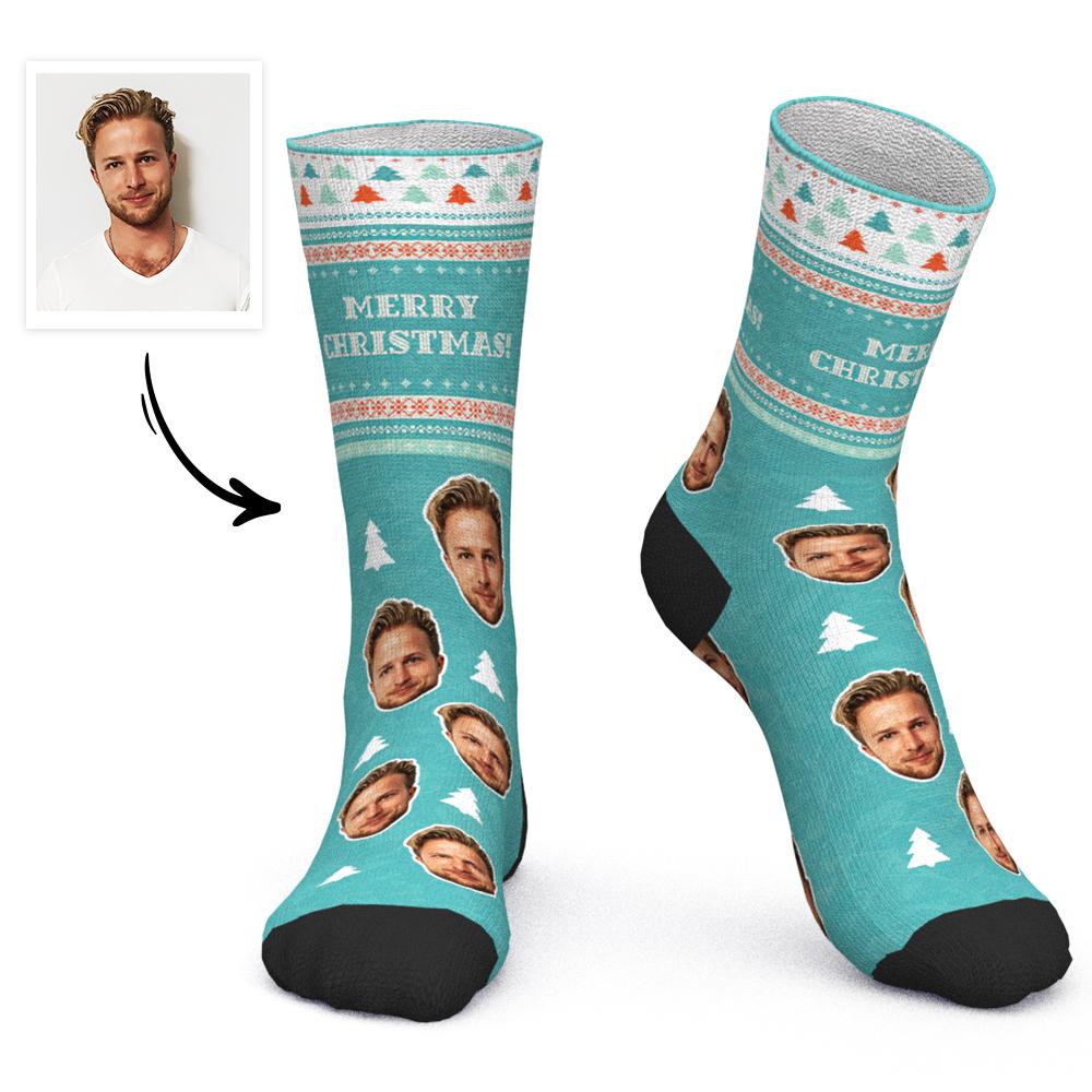 Custom Face Socks Personalised Photo Socks Christmas Gift Santa Socks Beautiful Christmas Tree - Merry Christmas