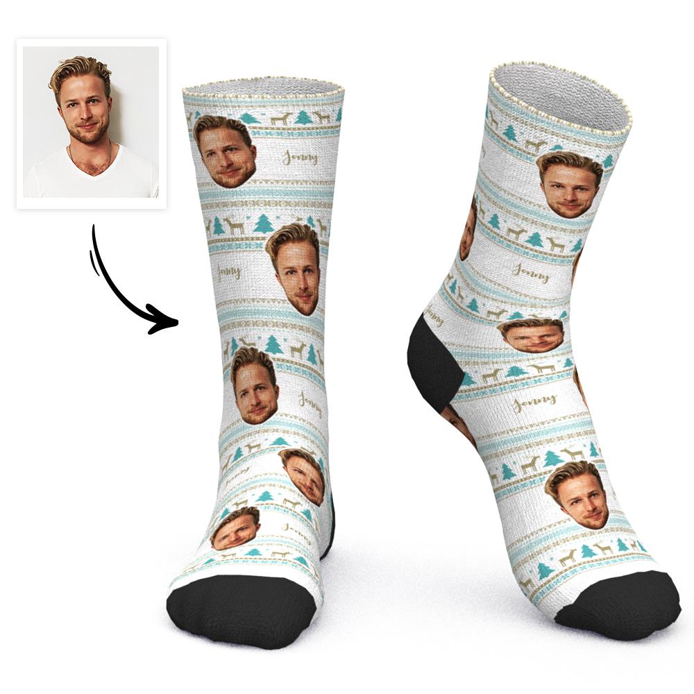 Custom Face Socks Personalised Photo Socks With Text Christmas Gift Santa Socks - Christmas Tree and Elk