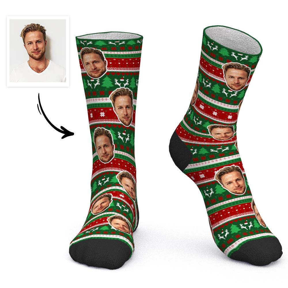 Custom Face Socks Personalised Photo Socks Christmas Gift Santa Socks - Green and Red
