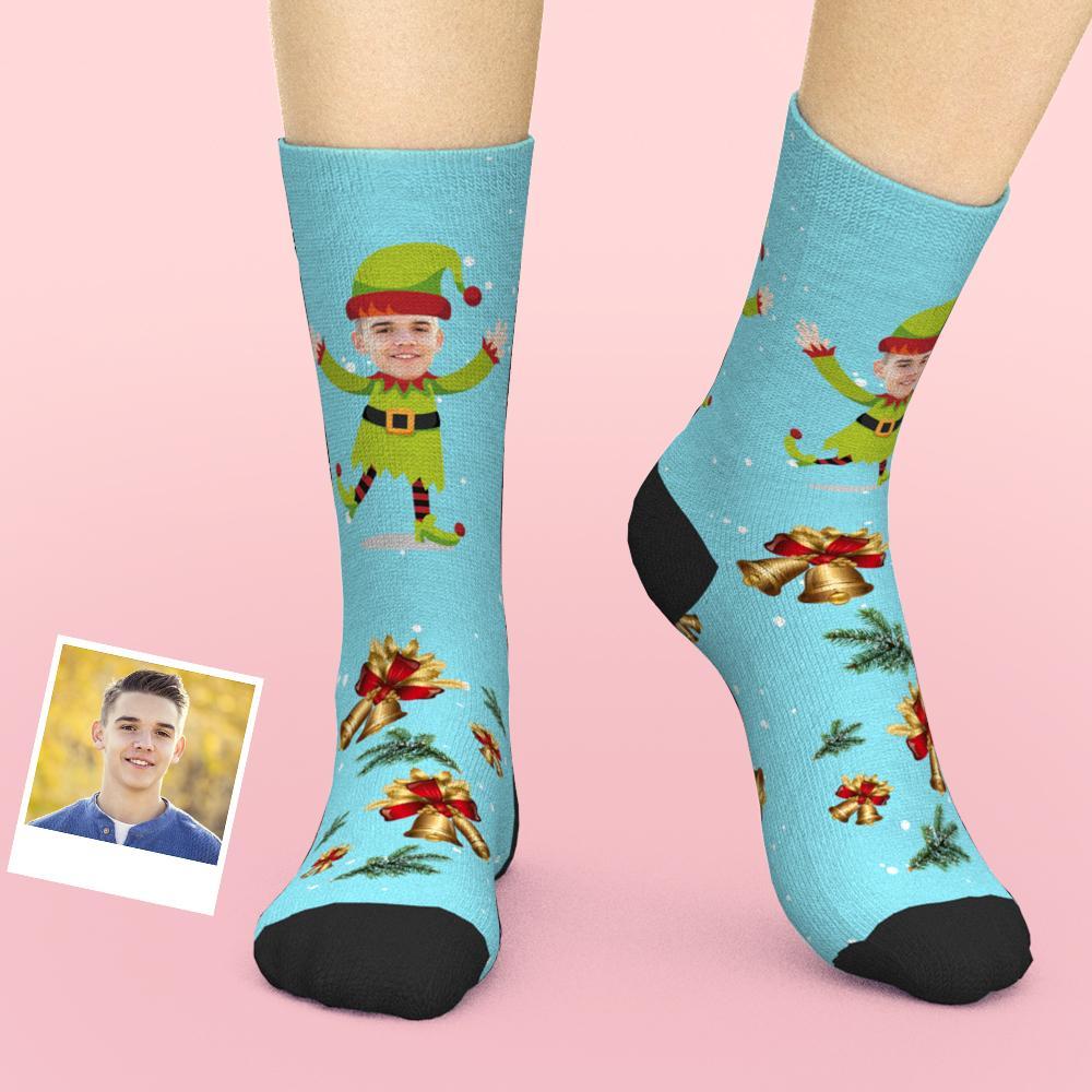 Custom Face Socks Christmas Photo Socks Santa Elf and Bell