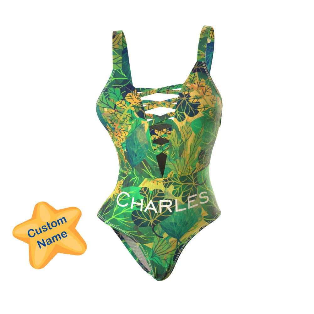 Custom Name One-piece Swimsuit Lace-up Swimwear - Leaves Printed Swimsuit - soufeeluk