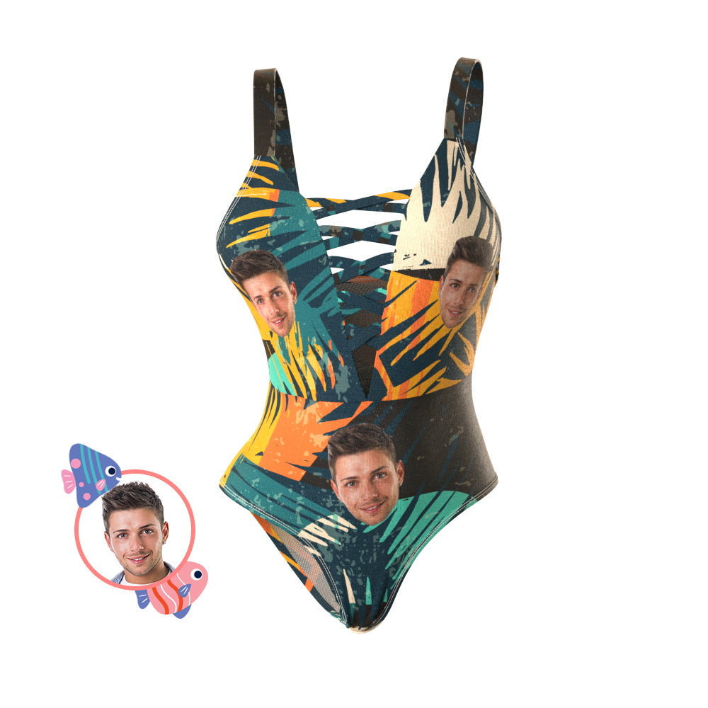 Custom One-piece Swimsuit With Face Floral Swimwear - Leaf - soufeeluk