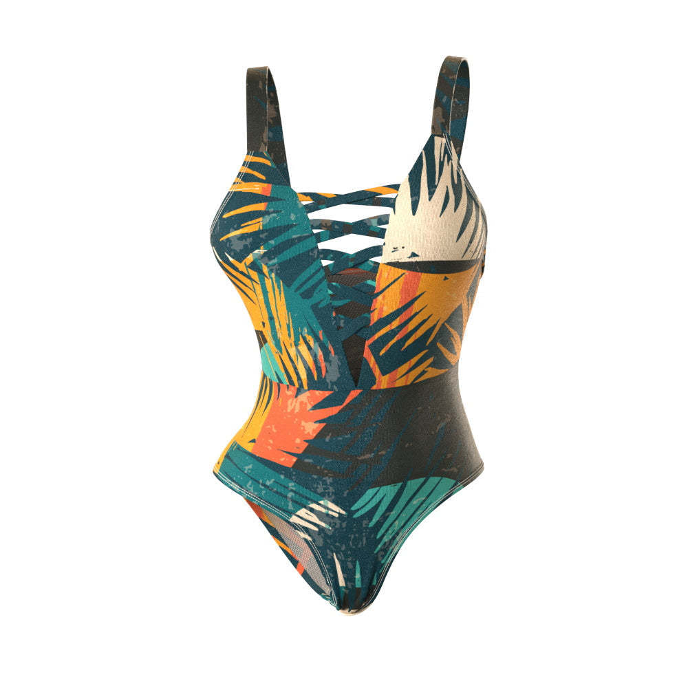 Custom One-piece Swimsuit With Face Floral Swimwear - Leaf - soufeeluk