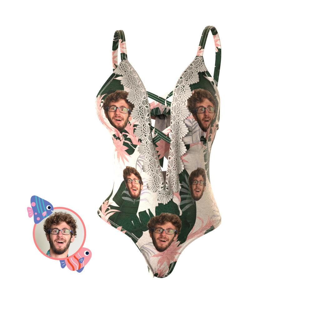 Custom Face Swimsuit One-piece Lace-up Swimsuit - Leaf - soufeeluk