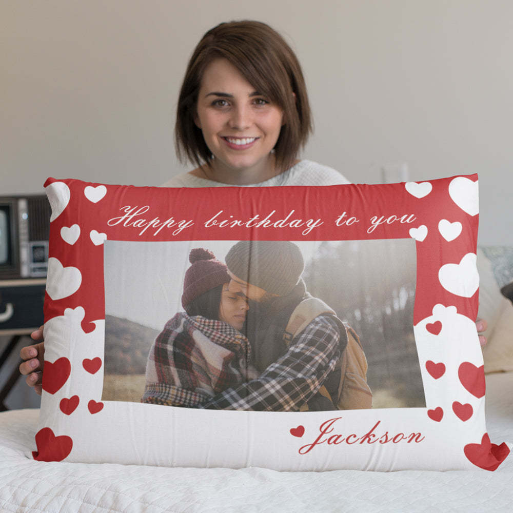 Custom Photo Name Pillow Personalised Love Heart Rectangle Pillowcase Housewarming Gifts for Couples - soufeeluk