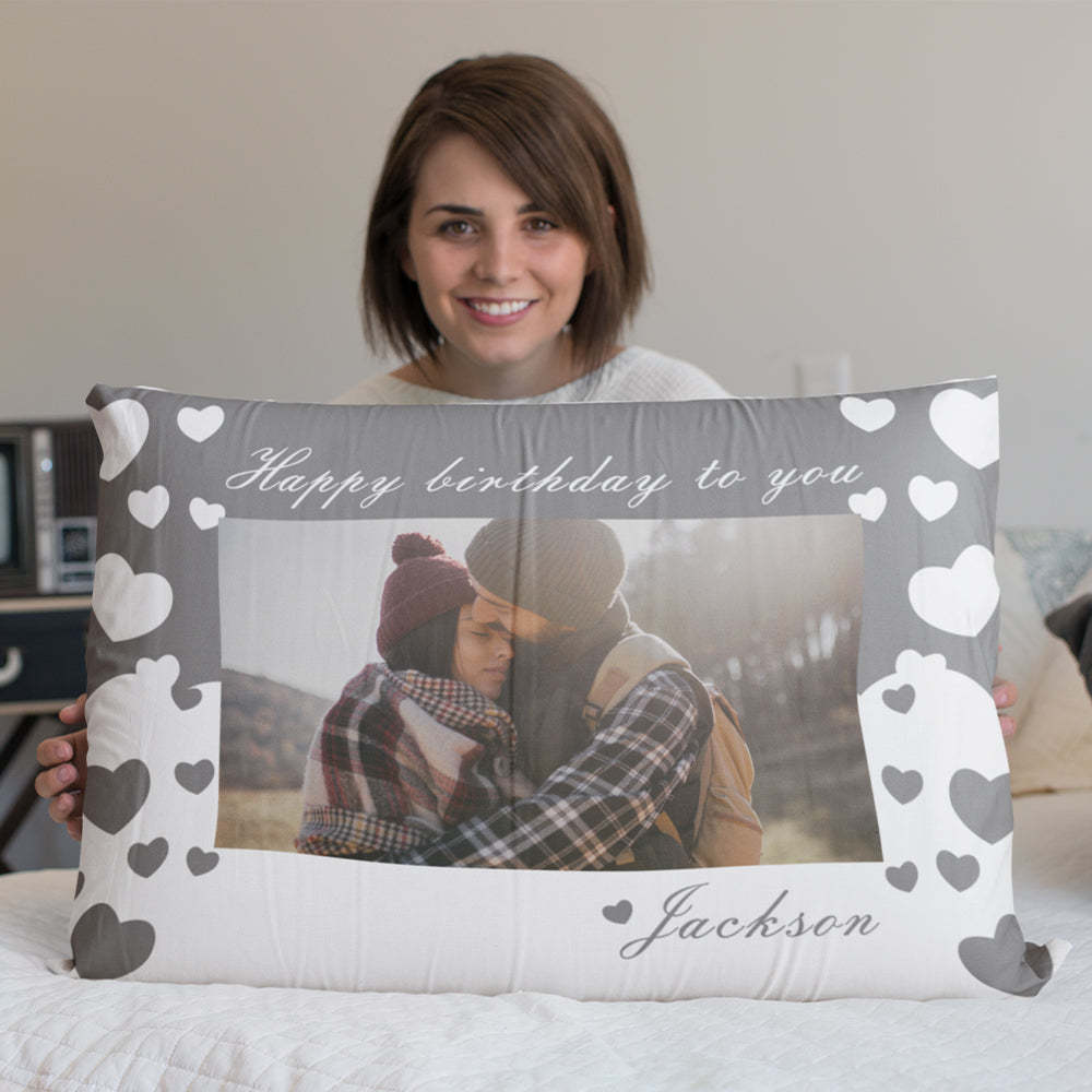 Custom Photo Name Pillow Personalised Love Heart Rectangle Pillowcase Housewarming Gifts for Couples - soufeeluk