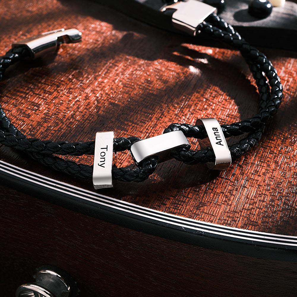 Engraved Beads Leather Bracelet Custom Letter Name Bracelet Father's Day Gift - soufeeluk