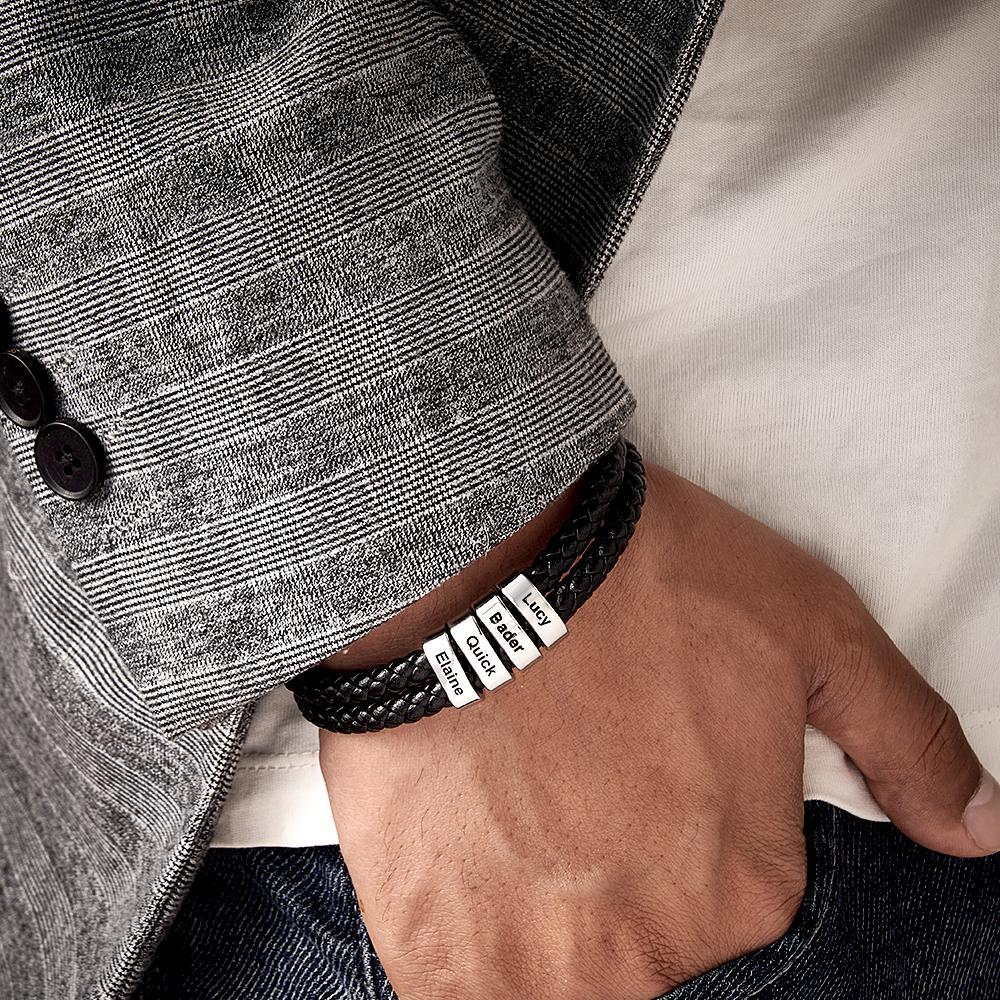 Custom Name Bracelet Braided Leather Personalised Gifts for Men - soufeeluk