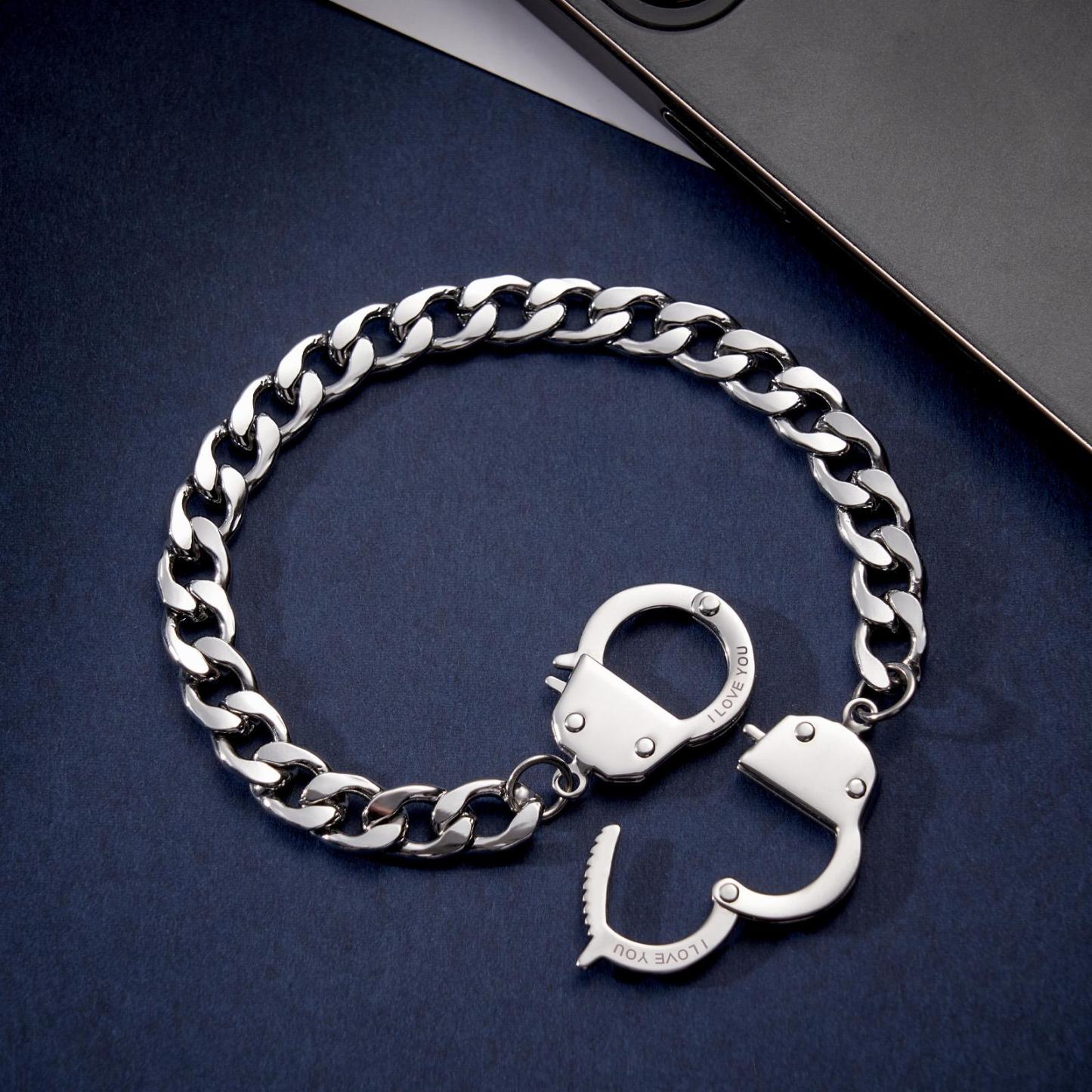 Handcuffs Engraved Bracelet Personalised Unique Shackle Chain Bracelet For Couples - soufeeluk