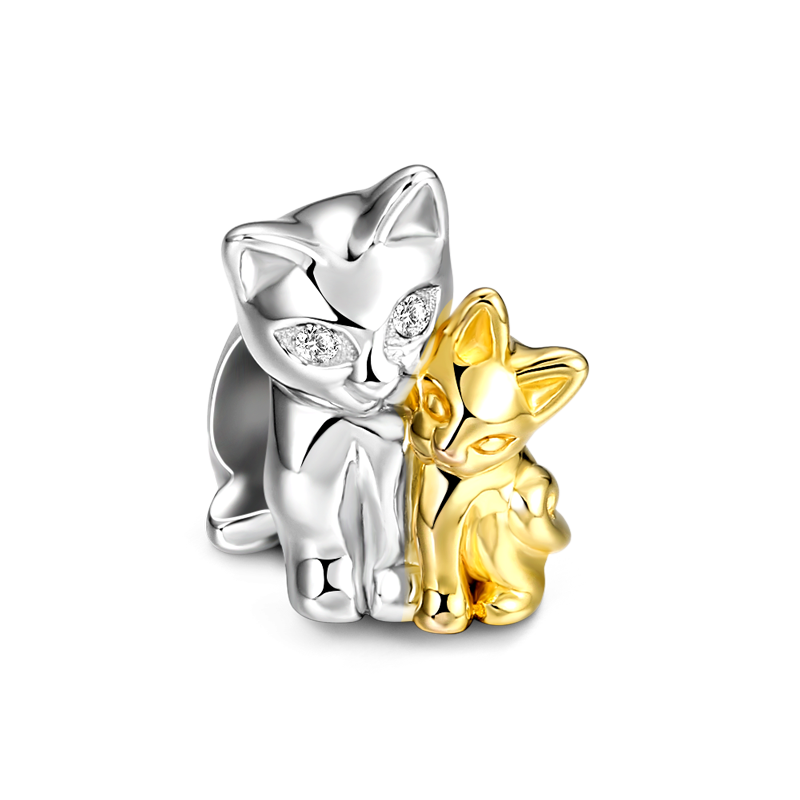 Mother and Baby Cat Charm 14k Gold Plated Silver - soufeelus