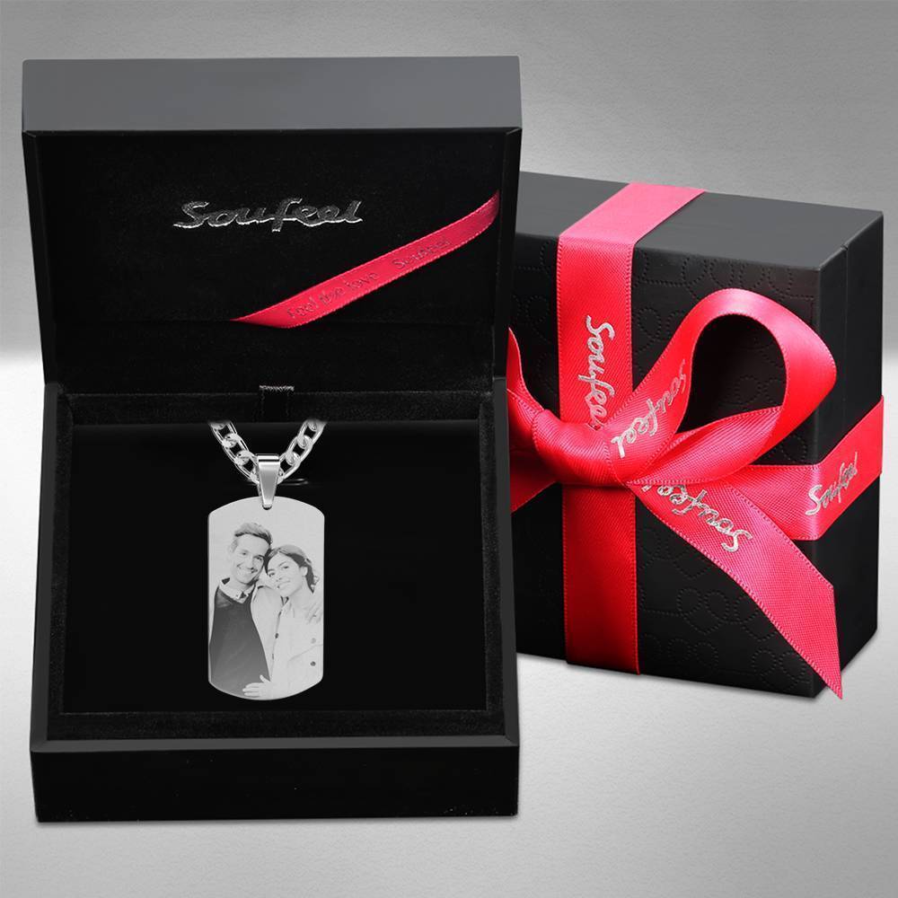 Men's Photo Engraved Tag Necklace with Engraving Stainless Steel (Black and White)