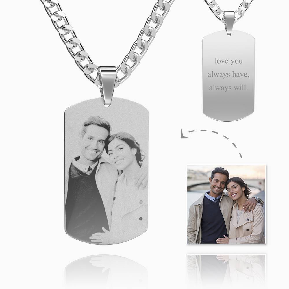 Men's Photo Engraved Tag Necklace with Engraving Stainless Steel (Black and White)