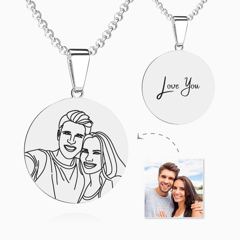 Custom Line Art Photo Engraved Necklace Stainless Steel Round Gift for Her - soufeeluk