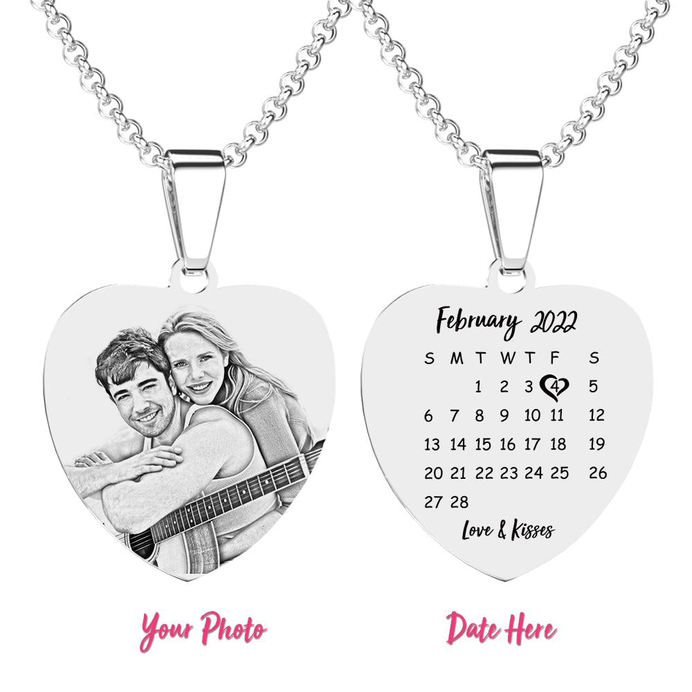 Engraved Heart Calendar Tag Photo Necklace Stainless Steel Gifts for Your Lover - soufeeluk