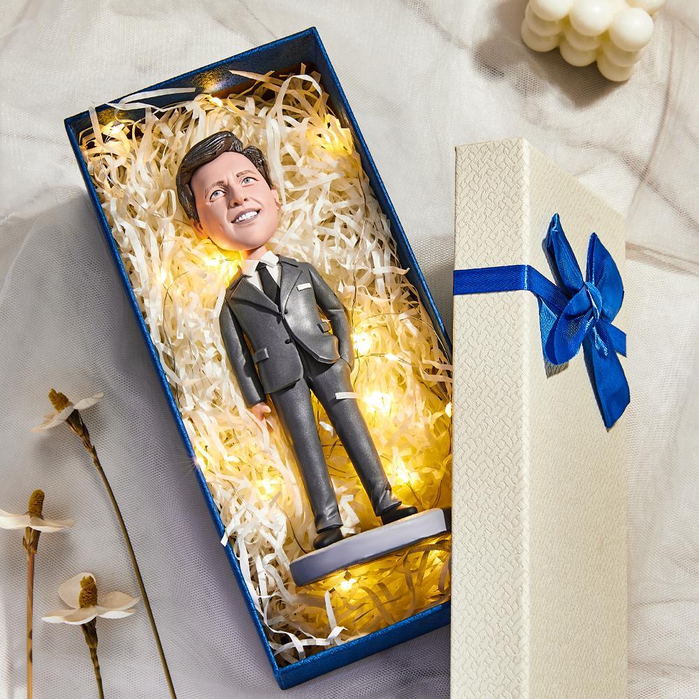 Black Suit With Blue Shirt And Yellow Tie Business Man Custom Bobblehead With Engraved Text - soufeeluk