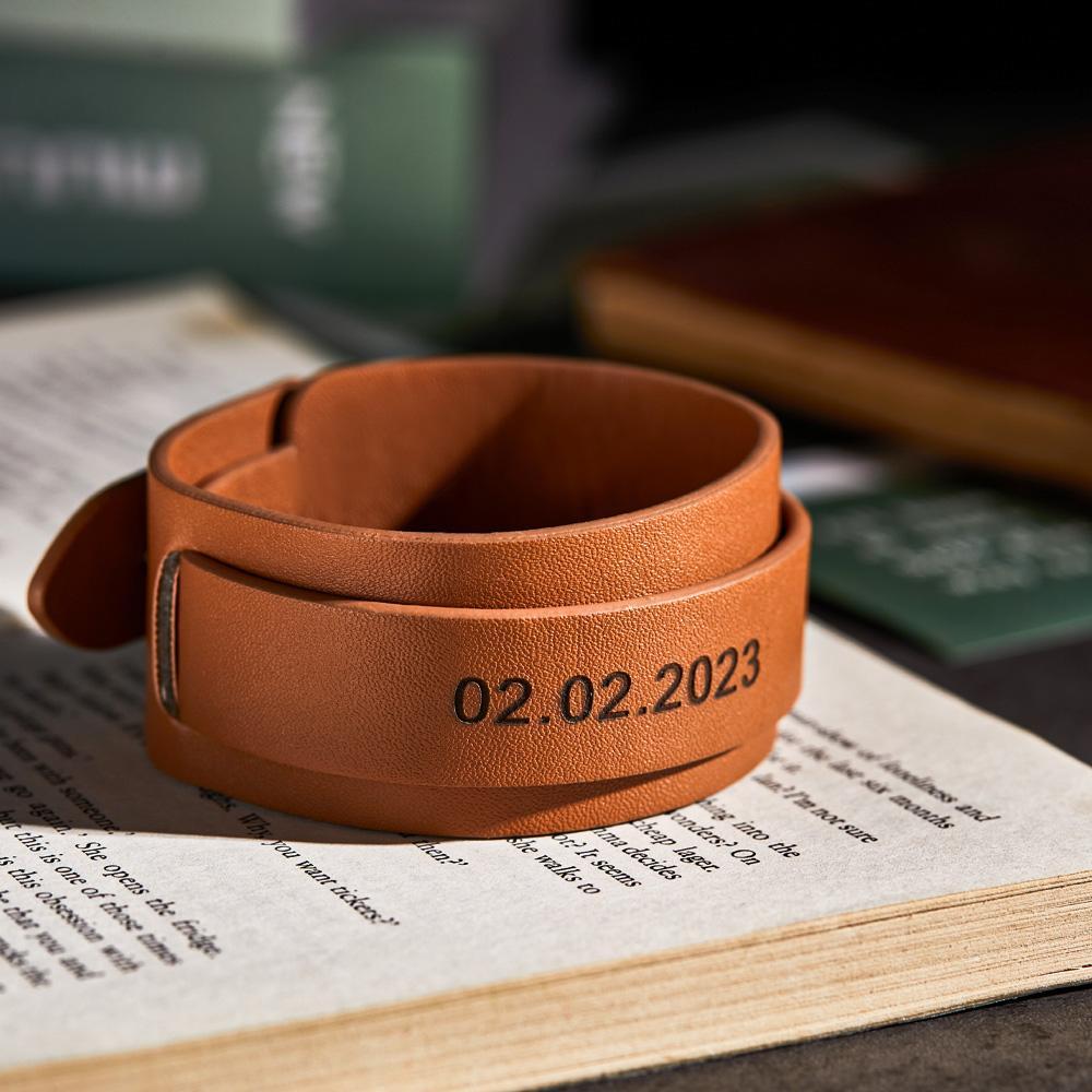 Custom Engraved Leather Bracelet Personalized Vintage Wrap Adjustable Bracelet Gift For Him - soufeeluk