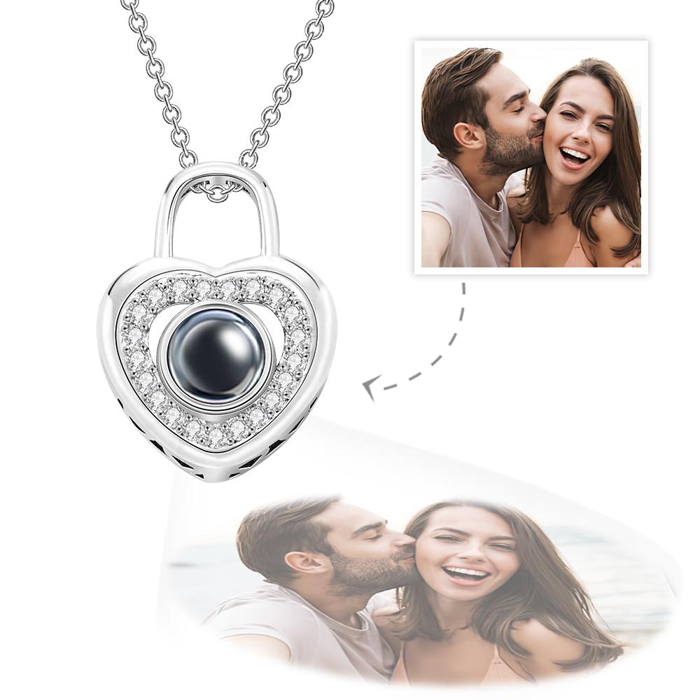 Personalised Photo Projection Necklace Love Heart Lock Shaped Pendant Valentine's Day Gift - soufeeluk