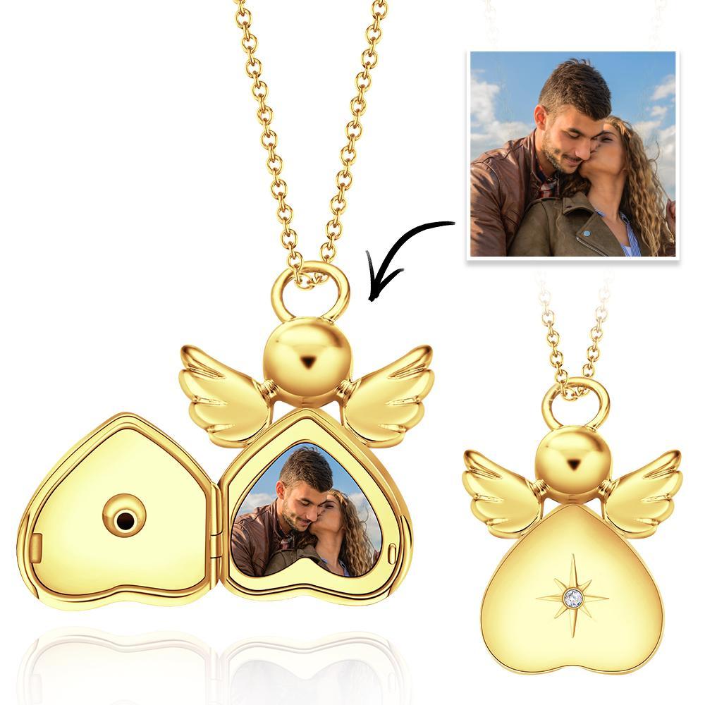 Photo Locket Necklace Angel Pendant 14k Gold Plated Valentine's Day Gift - soufeeluk