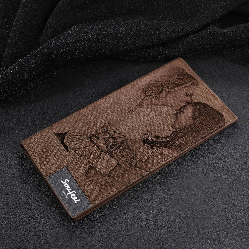 Long Style Bifold Custom Inscription Photo Engraved Wallet - Brown Leather