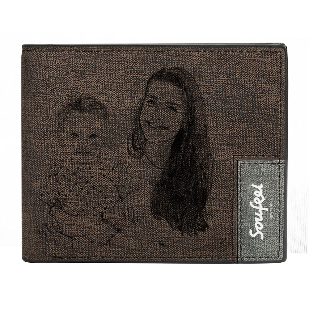 Men's Bifold Custom Inscription Photo Engraved Wallet - Grey Leather Gift for mom