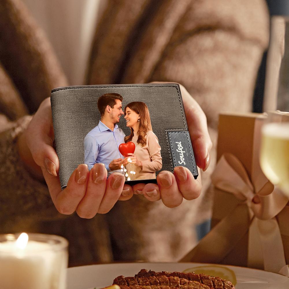 Men's Bifold Custom Inscription Photo Wallet - Coffee Leather