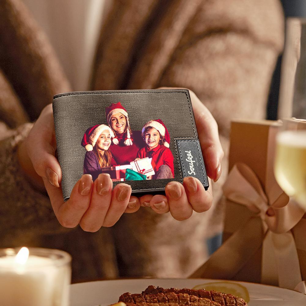 Men's Bifold Custom Inscription Photo Wallet - Coffee Leather