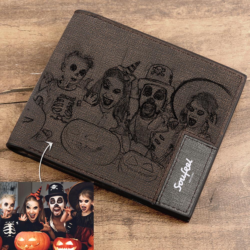 Men's Bifold Custom Inscription Photo Engraved Wallet - Coffee Leather Gift for Men