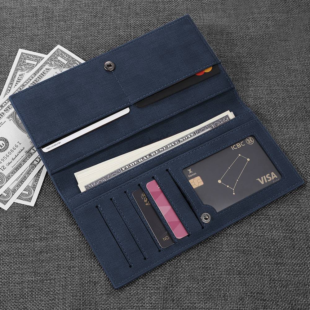 Men's Long Style Bifold Custom Inscription Photo Wallet - Blue Leather