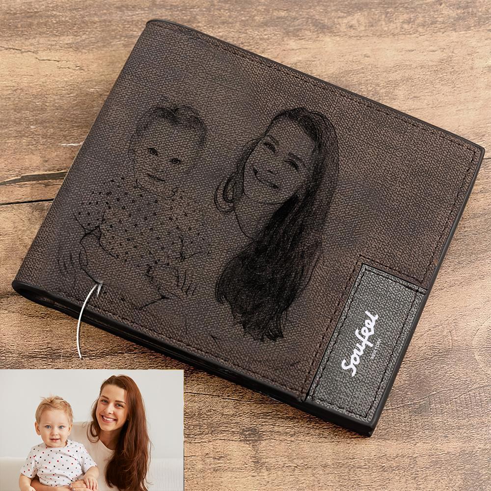 Men's Bifold Custom Inscription Photo Engraved Wallet - Grey Leather Gift for mom