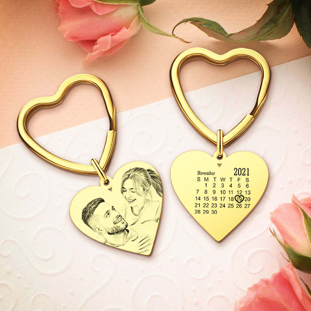 Custom Calendar Photo Photo Keychain Heart Engraved Keyring Anniversary Memorial Gift - soufeeluk