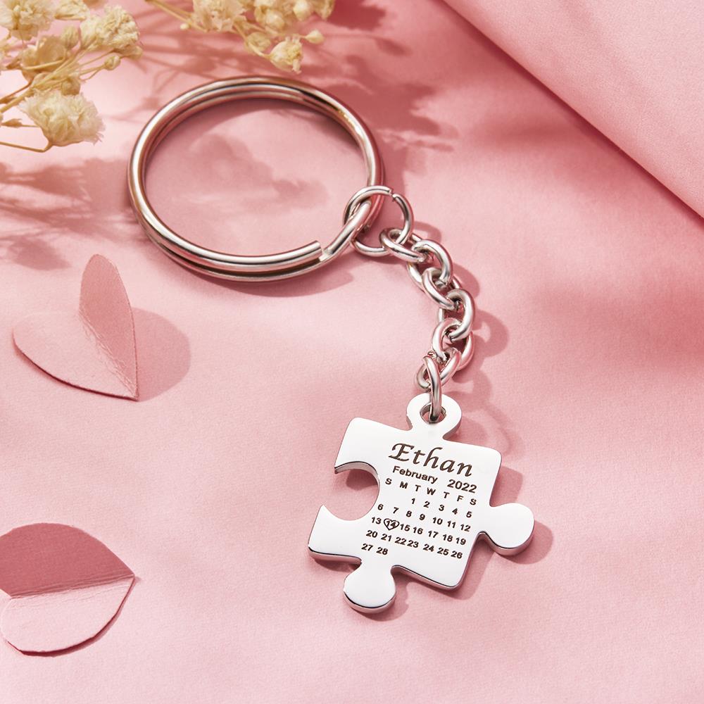 Custom Calendar Keychain Engraved Puzzle Keychain Anniversary Gift for Couple - soufeeluk