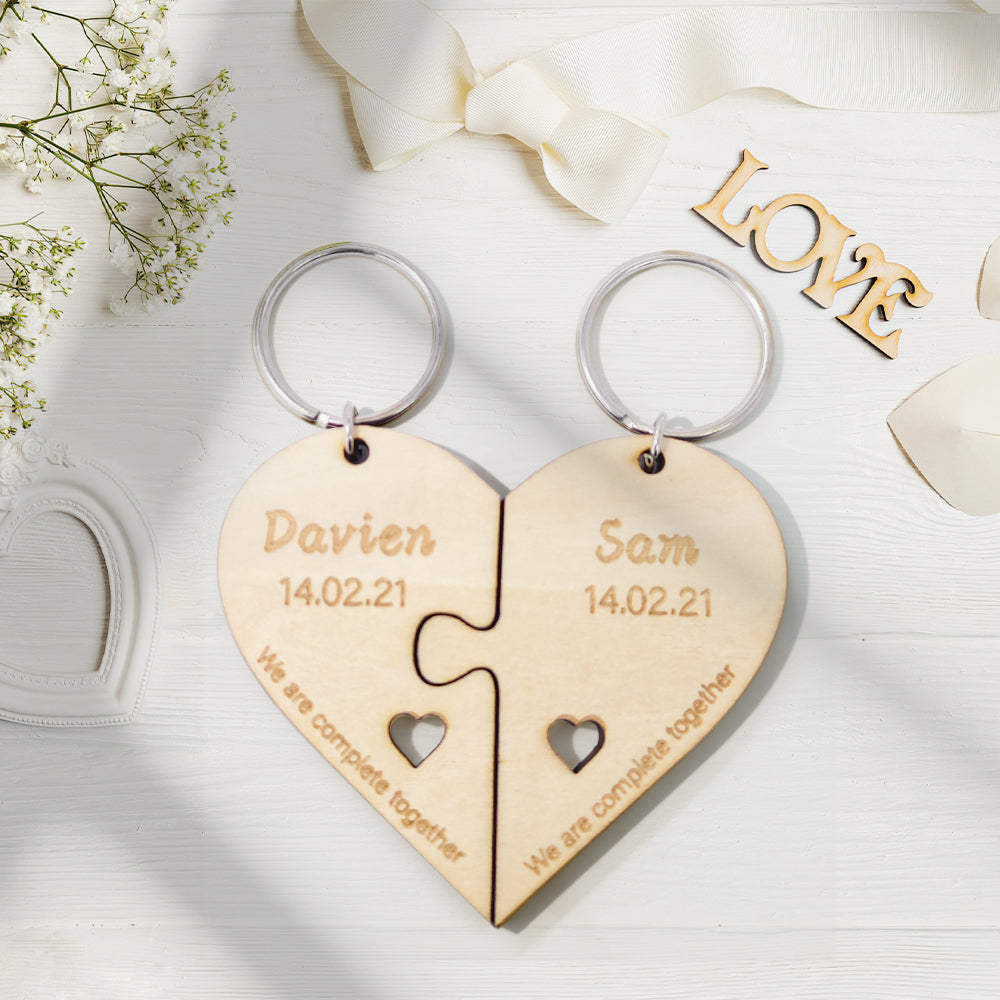 Personalised Puzzle Keychain Set Engraved Jigsaw Heart Shaped Key Ring Gift for Lovers - soufeeluk