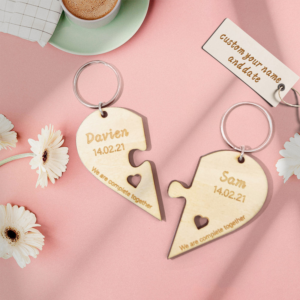 Personalised Puzzle Keychain Set Engraved Jigsaw Heart Shaped Key Ring Gift for Lovers - soufeeluk